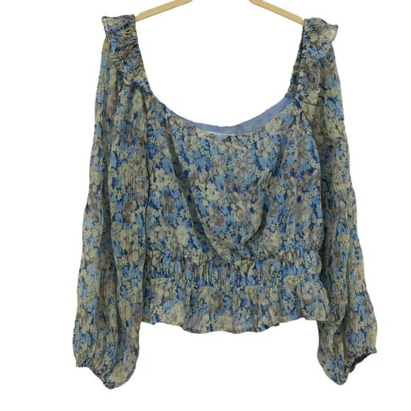 ASTR The Label  Elva Floral Long Ruffle Sleeve Square Neck Blue Taupe blouse LG - Picture 3 of 16